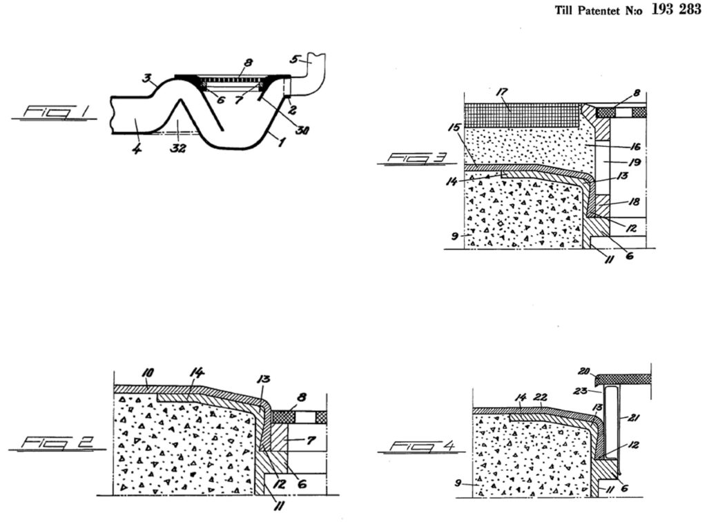 Purus patent från 1955 på första golvbrunnen som tryggar anslutning mellan plastmatta och inomhusavlopp