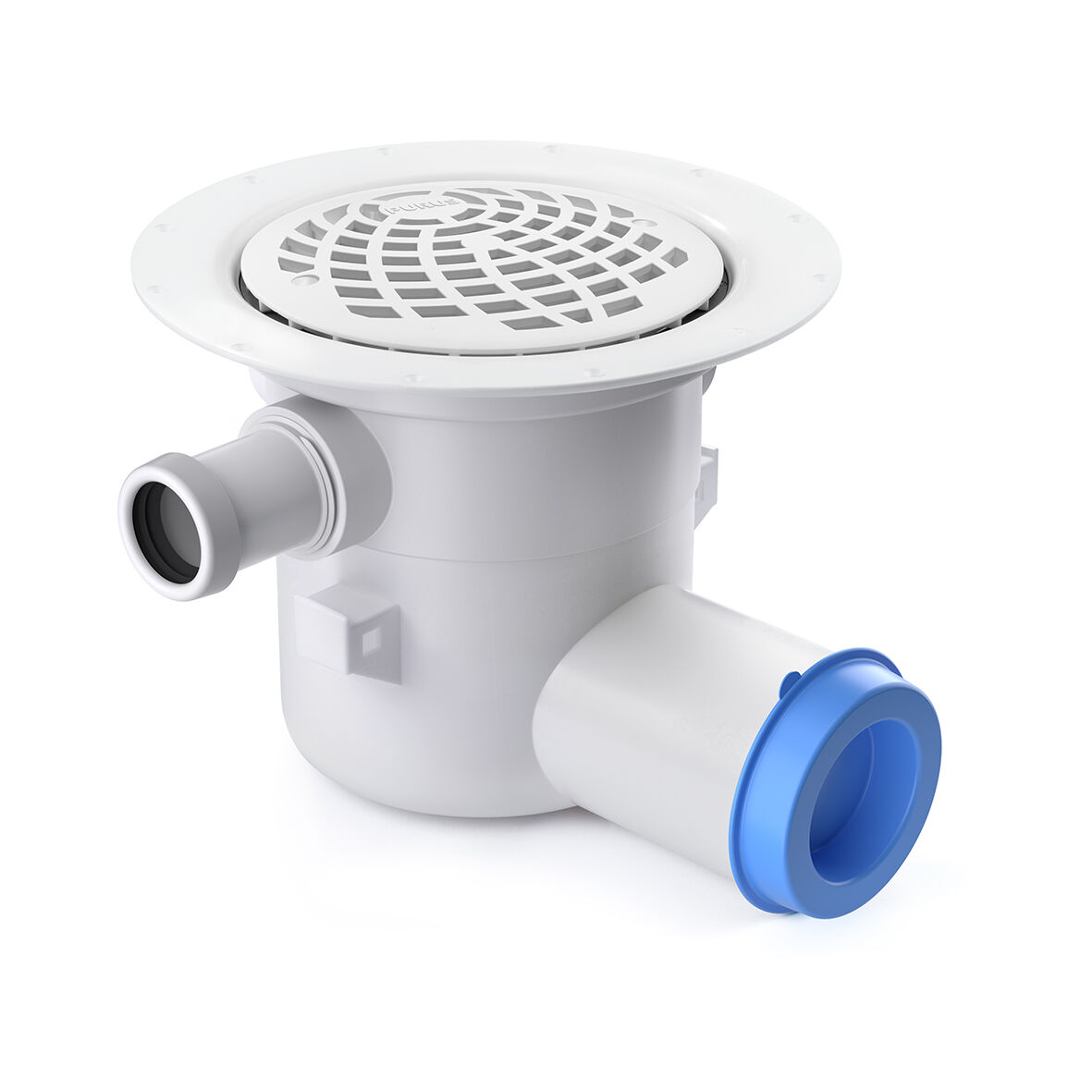 Purus Oden golvbrunn i vit plast med golvbrunnssil, klämring och vattenlås Golvbrunn Våge 75 sida